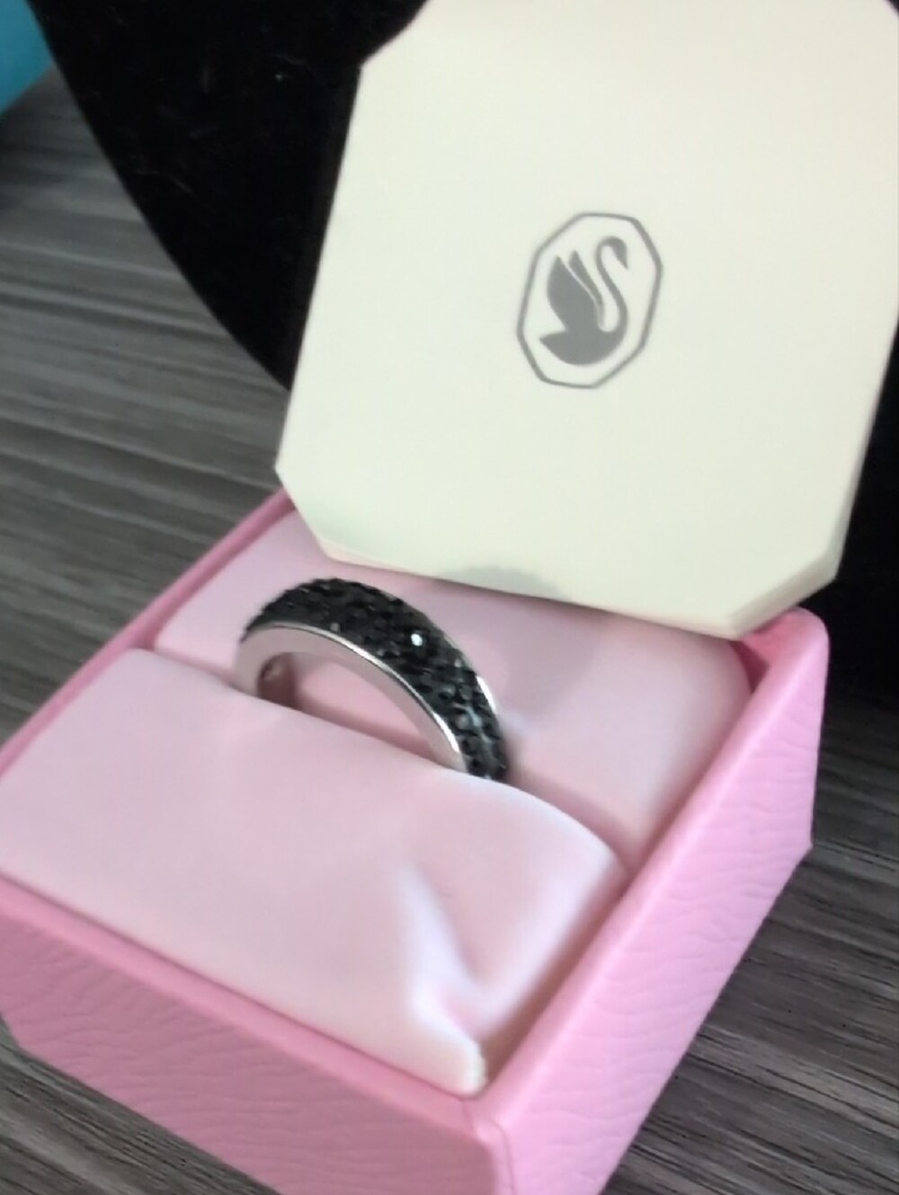 Swarovski Silver Black Stone Ring Size 6